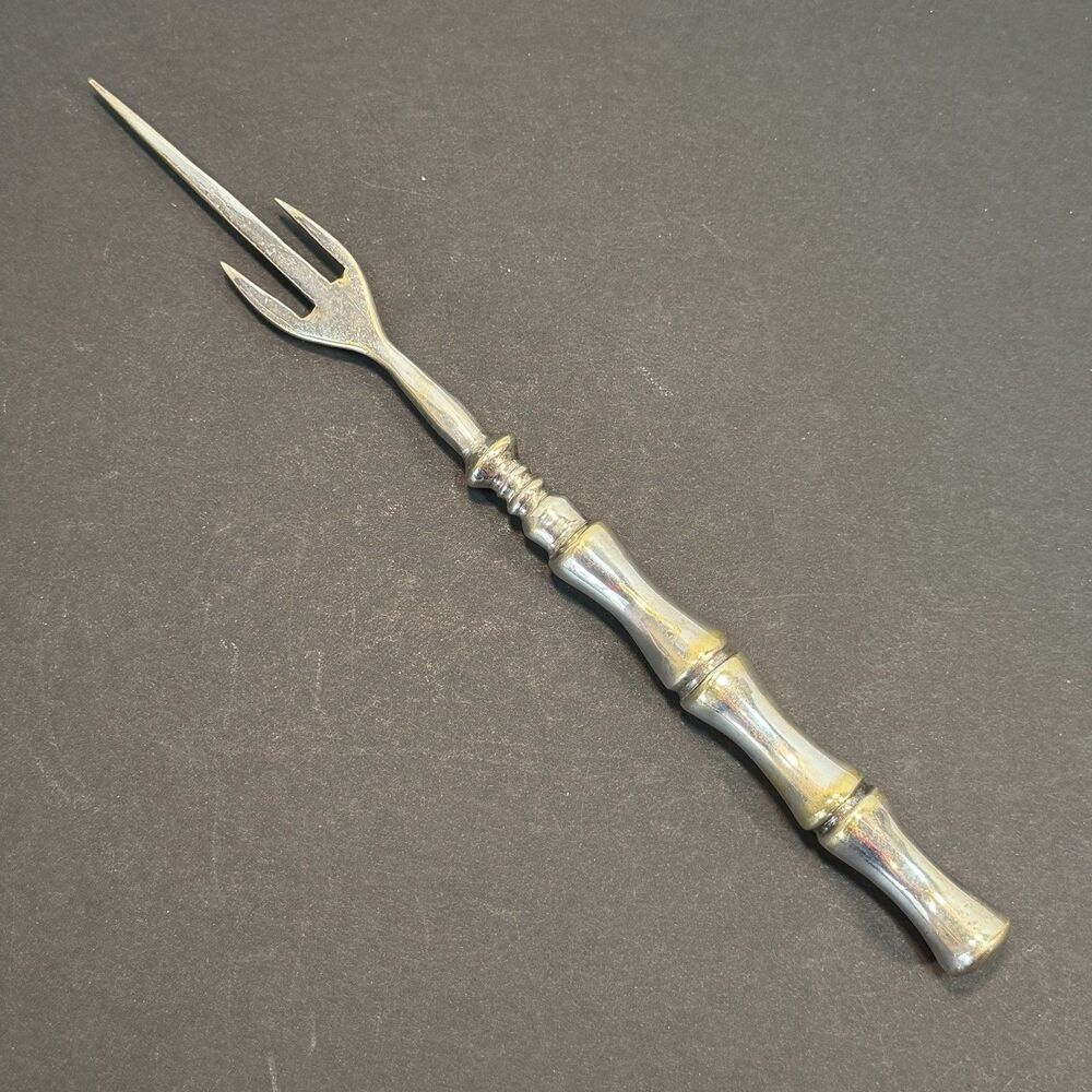 Antique Pickle Fork Silverplate Long Handle Appetizer Hors D’oeuvre Bamboo VTG
